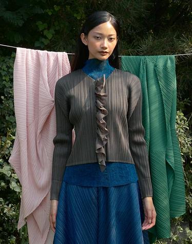 [FINE PLEATS] 피네 플리츠 프릴 숏 가디건 브라운