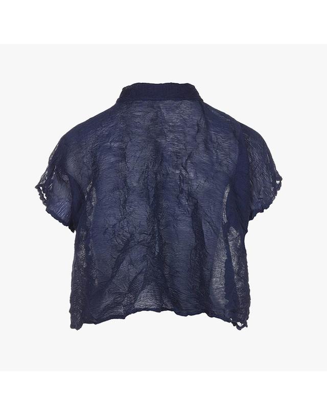 피네플리츠 [FINE PLEATS] 피네 플리츠 반팔 A라인 숏 가디건 네이비 착용컷