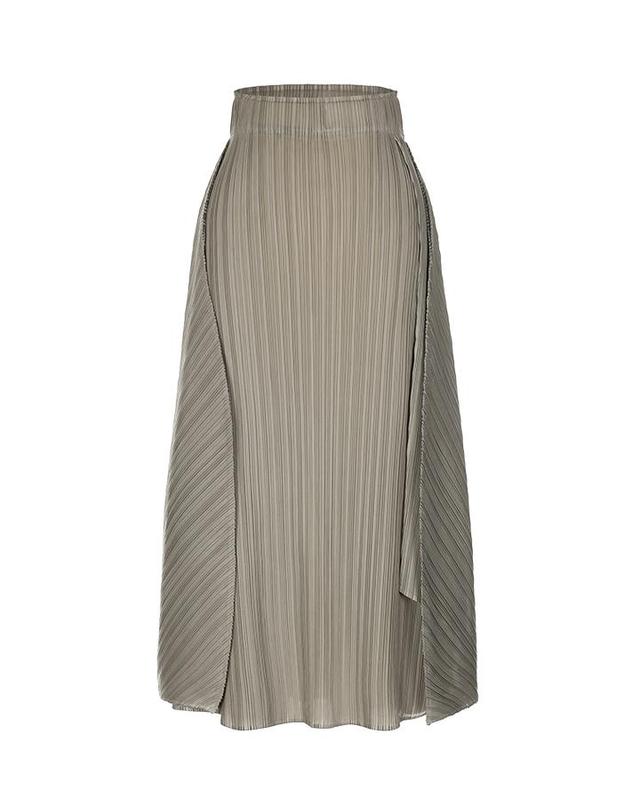 피네플리츠 [FINE PLEATS] 피네 플리츠 랩 롱 스커트 카키 베이지 착용컷