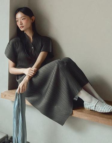 [FINE PLEATS] 피네 플리츠 차이나 브이넥 원피스 브라운
