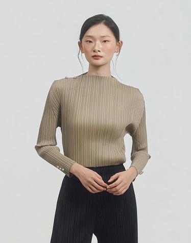 [FINE PLEATS] 피네 플리츠 버튼 포인트 탑 카키 베이지