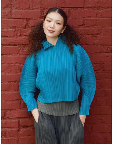 [FINE PLEATS] 피네 플리츠 뉴 차이나 크롭 탑 청록