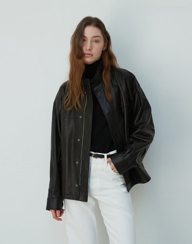 Italian vegetable Lambskin High-neck overfit Jumper_Black