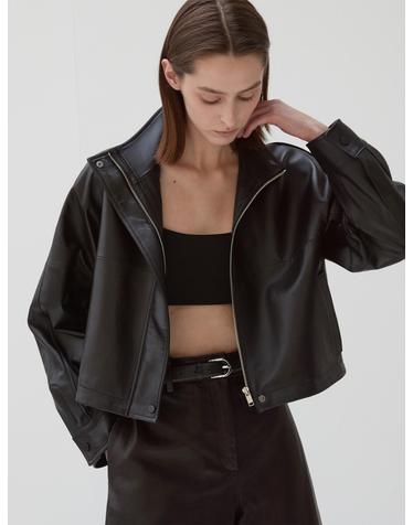 Italian nappa Lambskin High-neck short jumper_Black