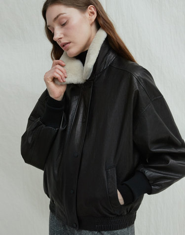 Italian vegetable Lambskin Shearling collar JK_Black