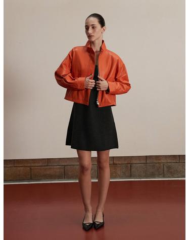 Italian nappa Lambskin High-neck short jumper_Orangeade