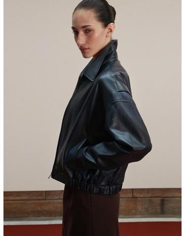 Lambskin Semi crop bomber JK_Navy
