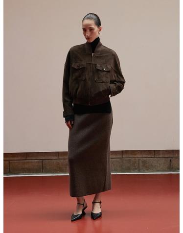 Suede Square-Neck Bomber Jacket_Deep Brown
