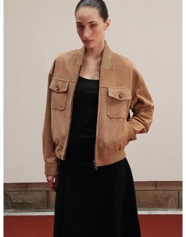 Suede Square-Neck Bomber Jacket_Beige
