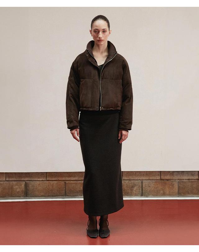 베르데마르 Suede Cropped Puffer Jacket_Deep brown 착용컷