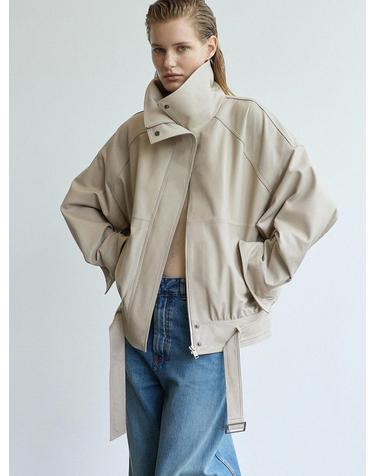 High-Neck Belted Leather Blouson_Cream