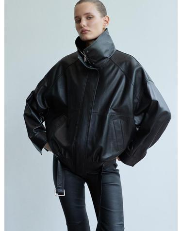 High-Neck Belted Leather Blouson_Black