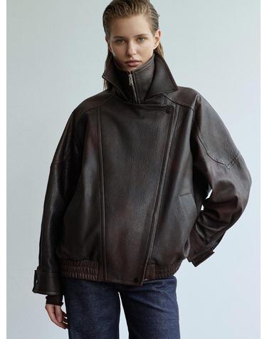 Double Collar Zip-up Jacket_Vintage Brown