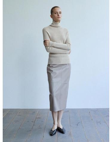 Lambskin Straight midi Skirt_Mist Taupe