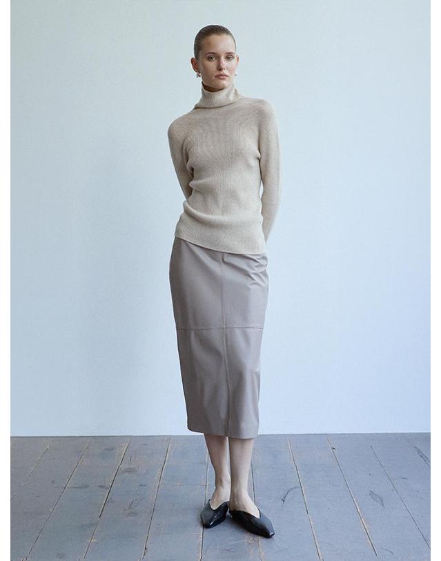베르데마르 Lambskin Straight midi Skirt_Mist Taupe 착용컷