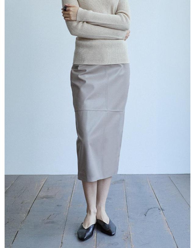 베르데마르 Lambskin Straight midi Skirt_Mist Taupe 착용컷