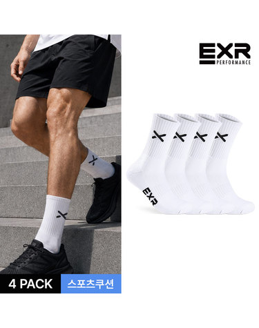 EXR 남성 스포츠 쿠션 베이직 스탠다드 장목양말 4P_WHBK