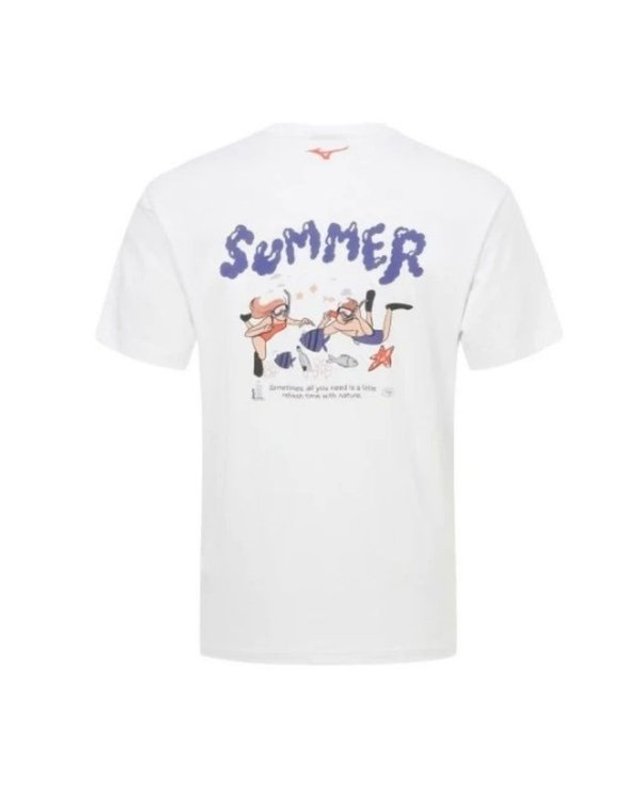 미즈노 [갤러리아] [미즈노] 남여공용 데일리 그래픽 면 폴리 혼방 반팔 티셔츠 32YA5B55 2C 착용컷