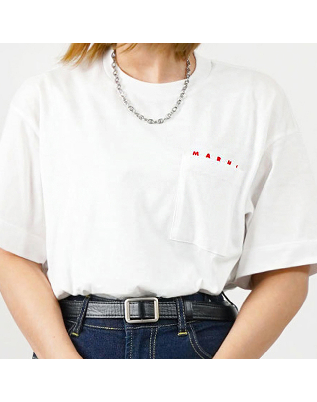 마르니 내일도착(전사이즈) 마르니 로고 포켓 반팔 티셔츠 화이트 M01415 M00RF 0M100 착용컷