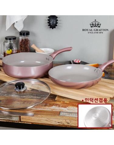 [로얄그래프톤] 로사 IH 세라믹 후라이팬 28cm+궁중전골팬 28cm+유리뚜껑