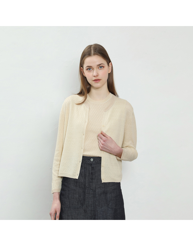 유닛 린넨 혼방 크루넥 오픈 배색 니트 가디건 [UFJKCA255N-LIGHT BEIGE] 착용컷