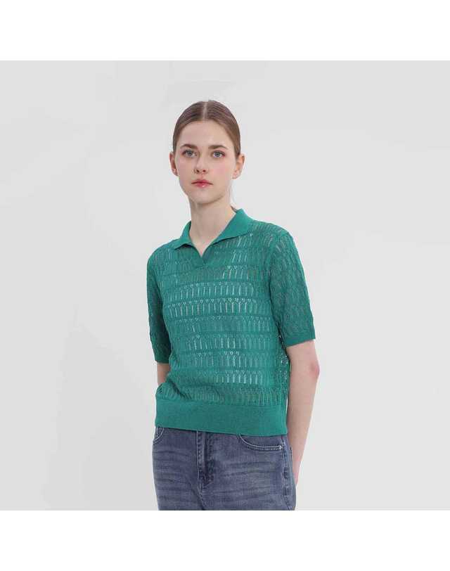 유닛 린넨 혼방 폴로넥 스카시 니트 [UFJKPN225N-GREEN] 착용컷