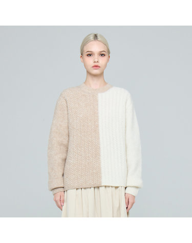 알파카 블렌드 크루넥 컬러링 케이블 스노우베리 풀오버 (UFKKCN419N-BEIGE)