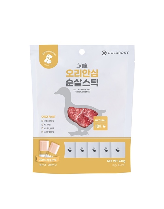 골드로니 그대로 순살스틱 오리안심 30개입 강아지 고양이 간식 착용컷