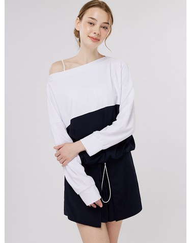 [SET] 스트링타이 보트넥 루즈핏 래쉬가드 WN/딥네이비 레이어드 랩 쇼츠 셋업