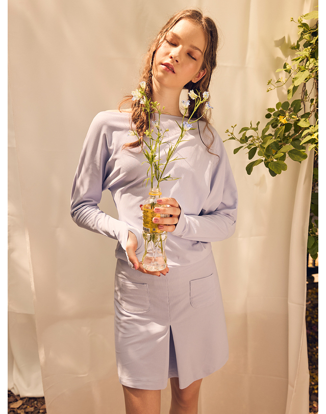보헤미안블루 비대칭 오프숄더 립 여성 래쉬가드 Brunnera Blue 착용컷