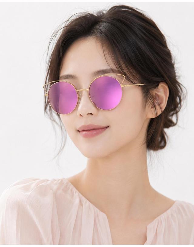 린타 린타 여성 라운드 메탈 캣아이 선글라스 L4012AHW-3 미러렌즈 착용컷