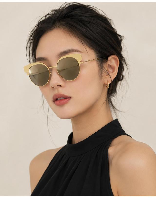 린타 린타 여성 라운드 메탈 캣아이 선글라스 L4011CHW-3 미러렌즈 착용컷