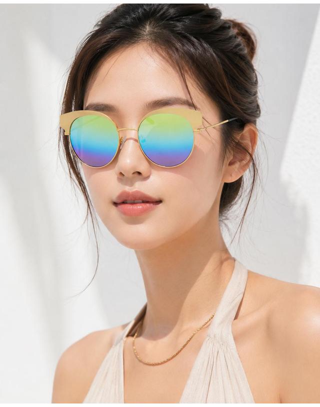 린타 린타 여성 라운드 메탈 캣아이 선글라스 L4011CHW-2 미러렌즈 착용컷