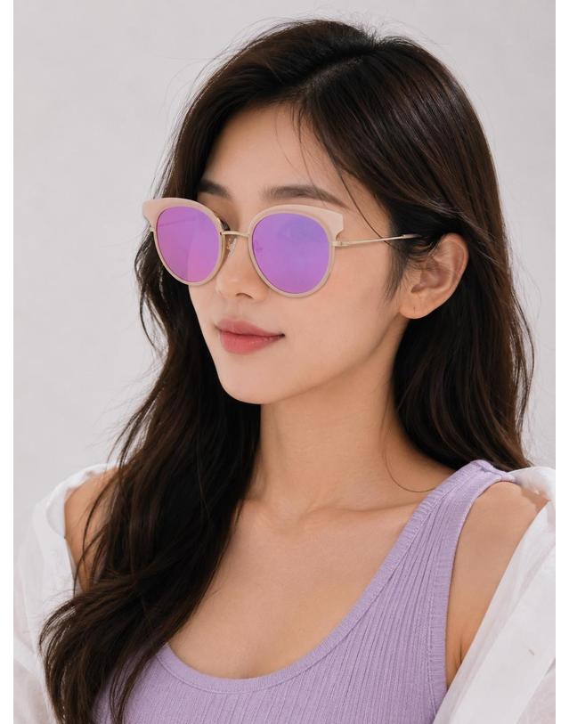 린타 린타 여성 라운드 콤비 캣아이 선글라스 L4011BHW-3 미러렌즈 착용컷
