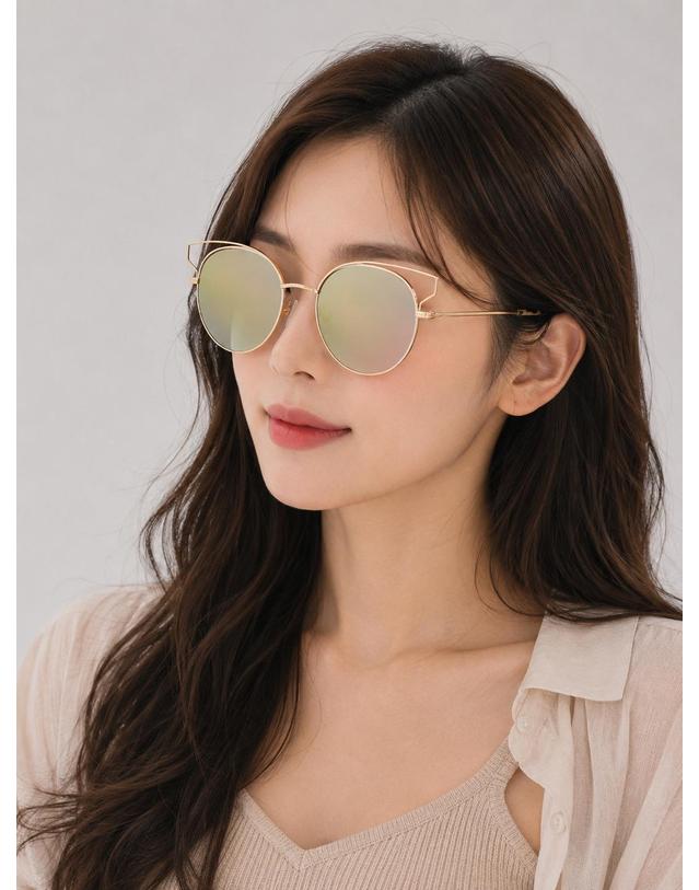 린타 린타 여성 라운드 메탈 캣아이 선글라스 L4011AHW-4 미러렌즈 착용컷