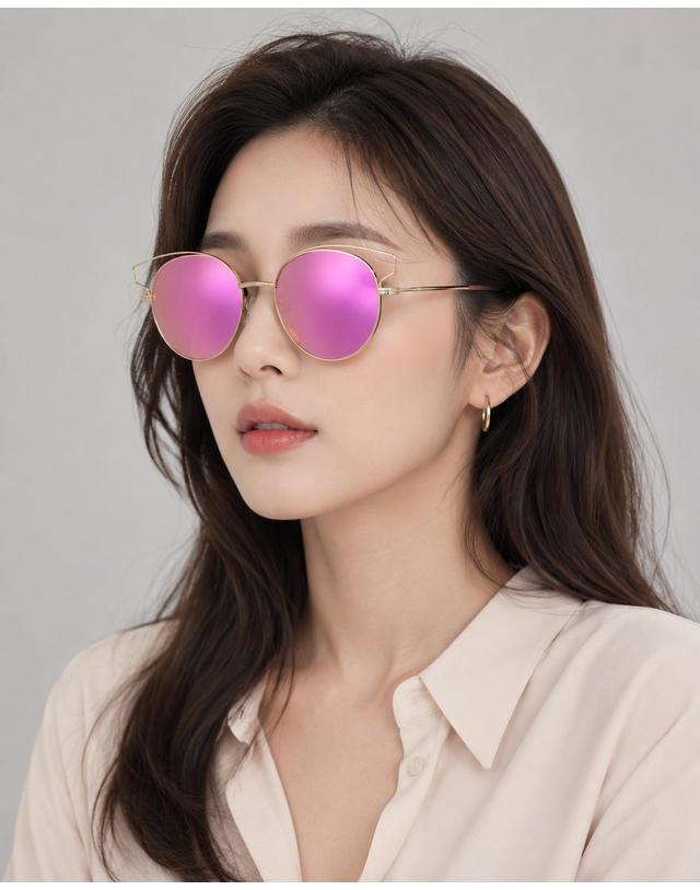 린타 린타 여성 라운드 메탈 캣아이 선글라스 L4011AHW-3 미러렌즈 착용컷