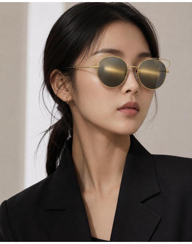 린타 린타 여성 라운드 메탈 캣아이 선글라스 L4011AHW-2GLD 미러렌즈 착용컷