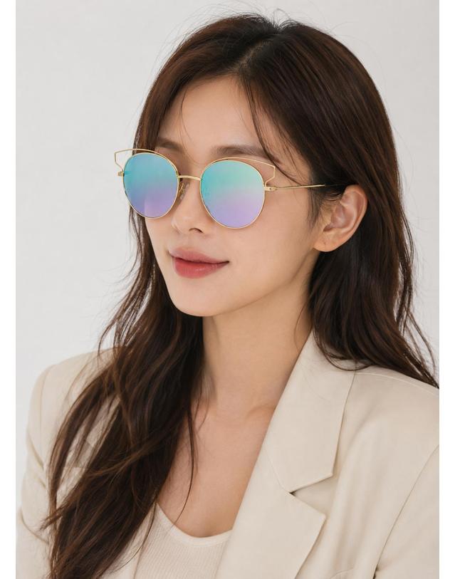 린타 린타 여성 라운드 메탈 캣아이 선글라스 L4011AHW-2 미러렌즈 착용컷