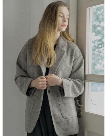 Check Herringbone Oversize Jacket - LIGHT GREY