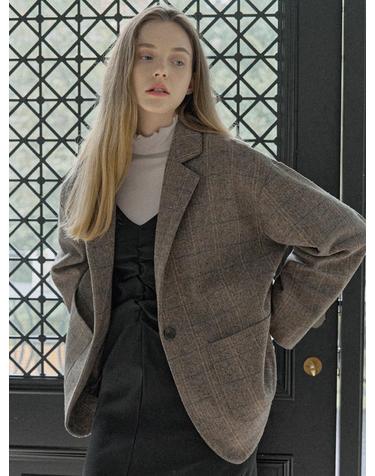 Check Herringbone Oversize Jacket - BROWN