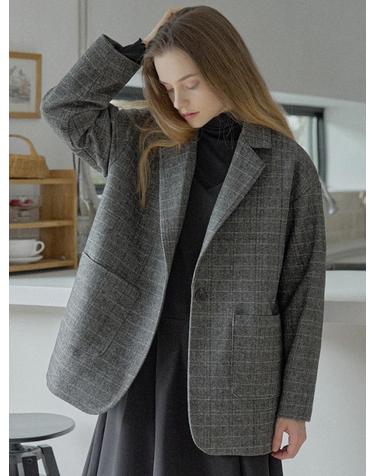 Check Herringbone Oversize Jacket - BLACK