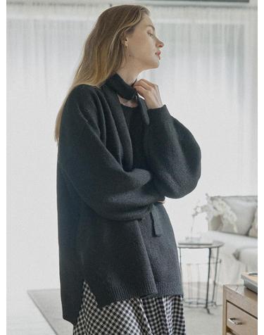 Muffler Set Long Knit Pullover - BLACK