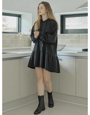 Hooded Frill Mini Dress - BLACK
