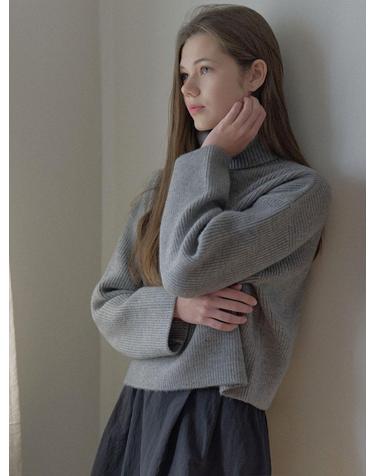 Turtleneck Crop Knit Pullover - GREY