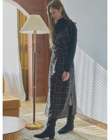 Tartan Check Shirring Dress - BROWN