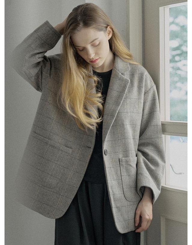 아방 Check Herringbone Oversize Jacket - LIGHT GREY 착용컷