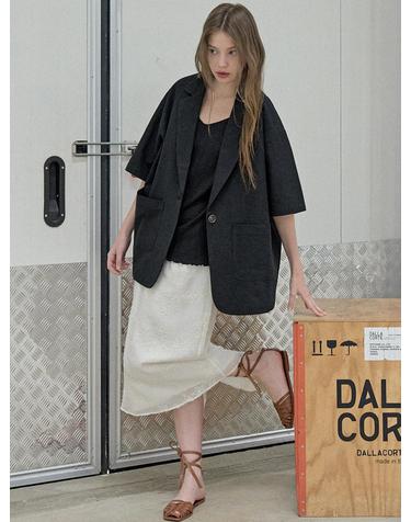 Linen Overfit Basic Tailored Jacket - BLACK