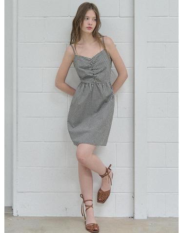 Check Shirring Balloon Mini Dress - BLACK