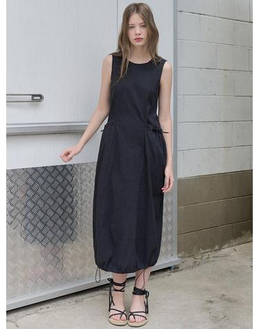 Seersucker Sleeveless Long Dress - BLACK