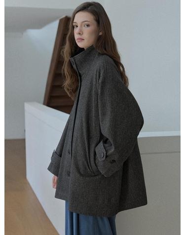 Herringbone Half Coat - BROWN